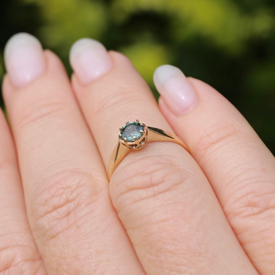 Seafoam Sapphire Solitaire in 8 Claw Setting, 9ct Yellow Gold, size L or just under 5.5