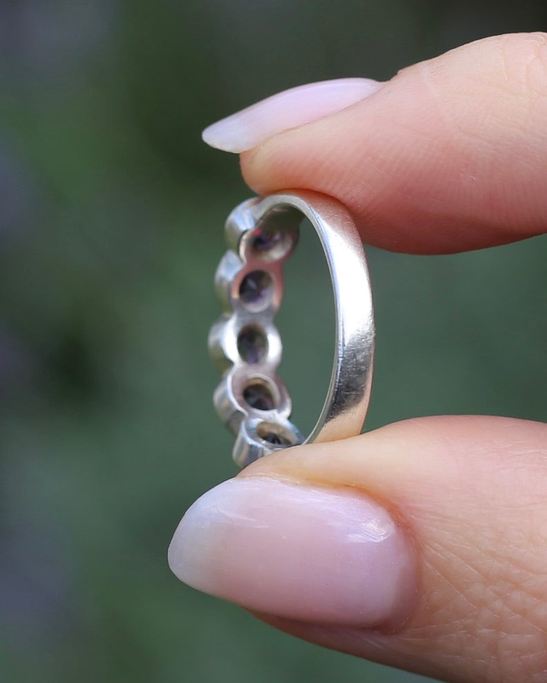 Five Stone Bezel Set Amethyst Silver Ring, Sterling Silver, size O or 7.25, 3.41g