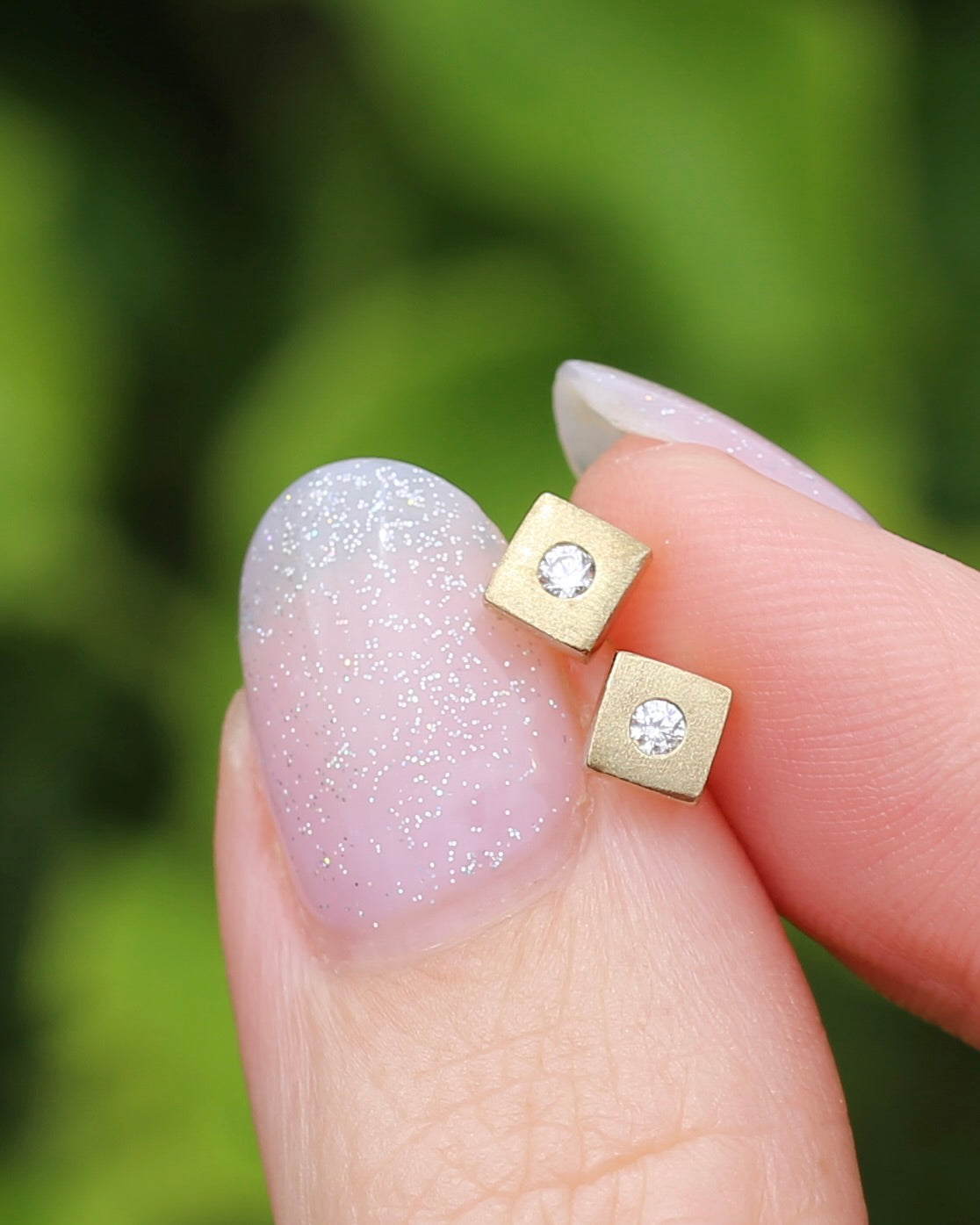 Vintage Brushed Gold Square Studs with Glass Stones, 8ct Yellow Gold, 0.89g