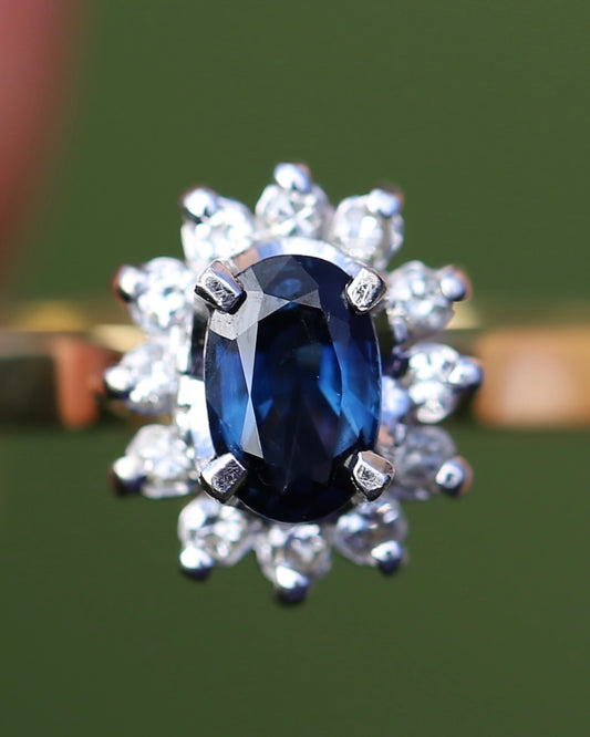 Natural Sapphire and Diamond Halo, 18ct White and Yellow Gold, size R or just over 8.5, 3,15g