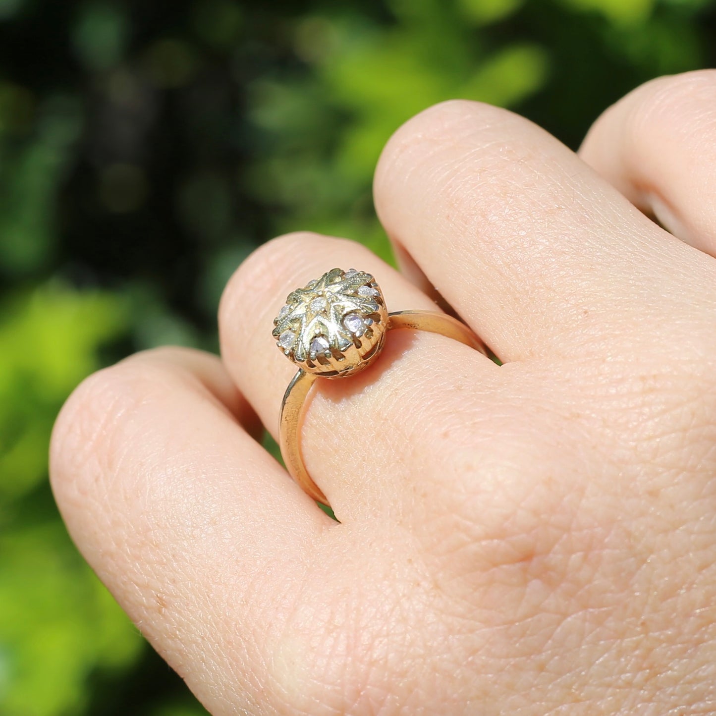 Rustic Handmade Likely Victorian Rose and Table Cut Diamond & Quartz Ring, approx 12ct Yellow Gold, size T or 9.5