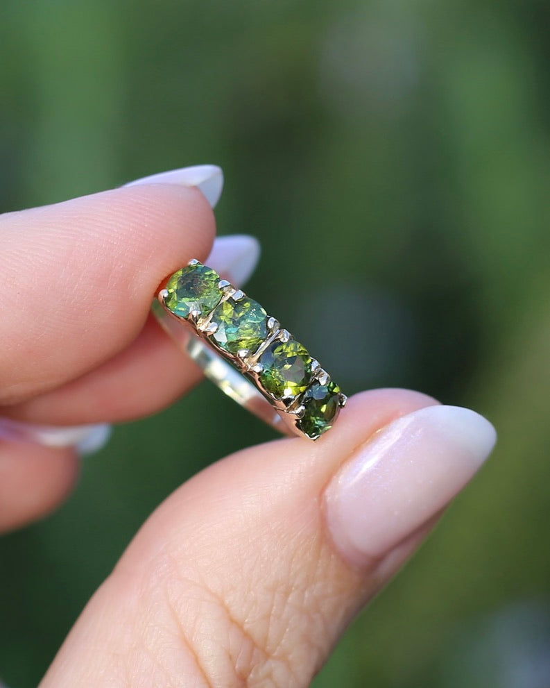 1.75ct Four Stone Natural Green Tourmaline Ring, 9ct Yellow Gold, size N1/2 or just over 6.75, 2.37g