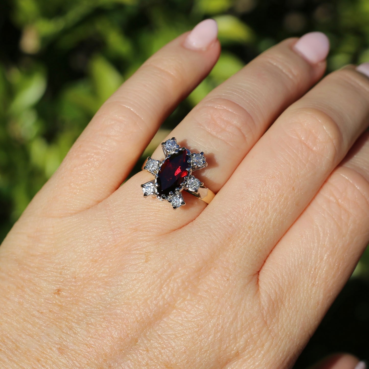 Viking feel Marquise Garnet With 6 Transitional Cut Diamonds, 18ct White and Yellow Gold, size N1/2 or 7