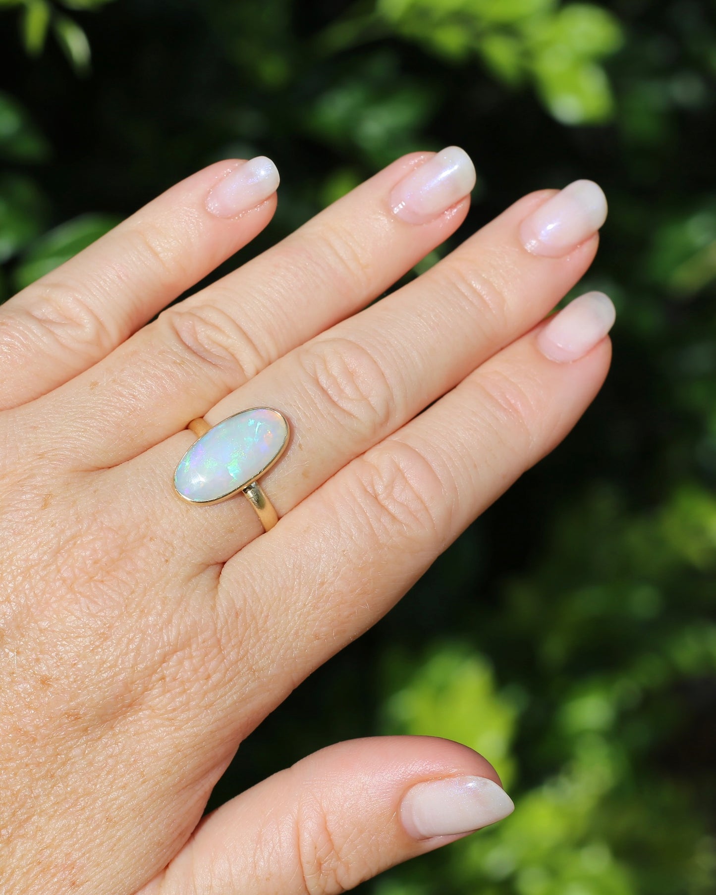 Crystal Opal Cabochon, Low Profile, in Bezel Set 9ct Yellow Gold, size T1/2 or 9.75