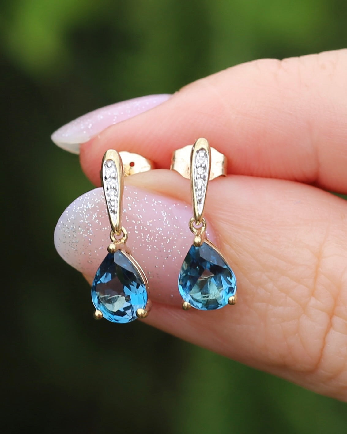 Pear Cut London Blue Topaz Earrings on Illusion Diamond Set Stud Posts, 9ct Yellow Gold, 14ct YG butterflies, 1.87g