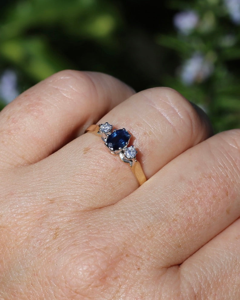 Sapphire and Diamond Trilogy, 9ct Yellow Gold and Palladium, size P or 7.75, 2.32g