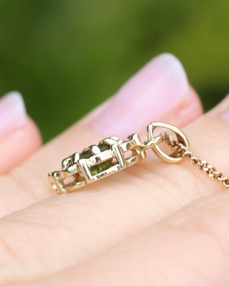 Vintage 0.7ct Green Tourmaline and Diamond Pendant, 9ct Yellow Gold, 1.15g
