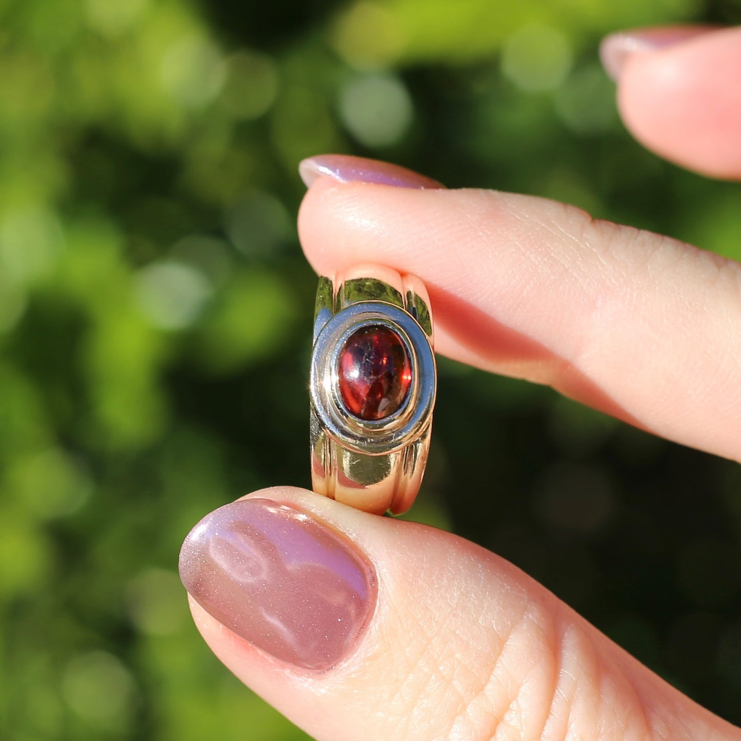 Chunky Gold East West Set Garnet Cabochon, 9ct Yellow Gold, size O1/2 or 7.5