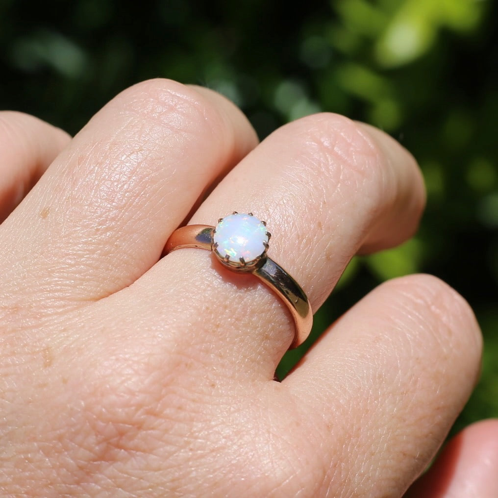 Early Australian 11 Multi Claw White Round Opal Ring, 9ct Old Rosey Gold, size 10 or U