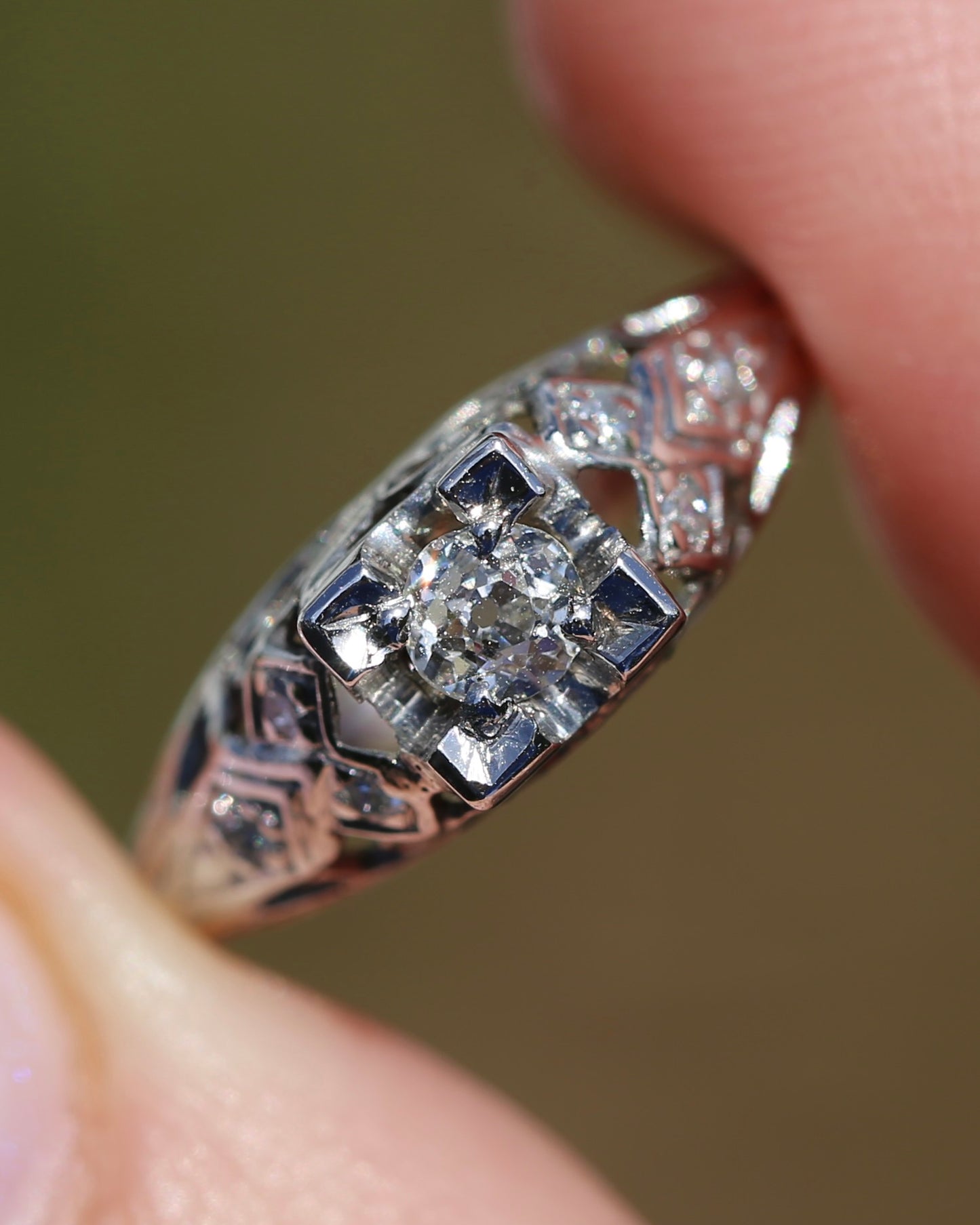 0.188ct Old Cut Diamond Solitaire, 18ct White Gold Filigree, size L or 5.75, 2.0g