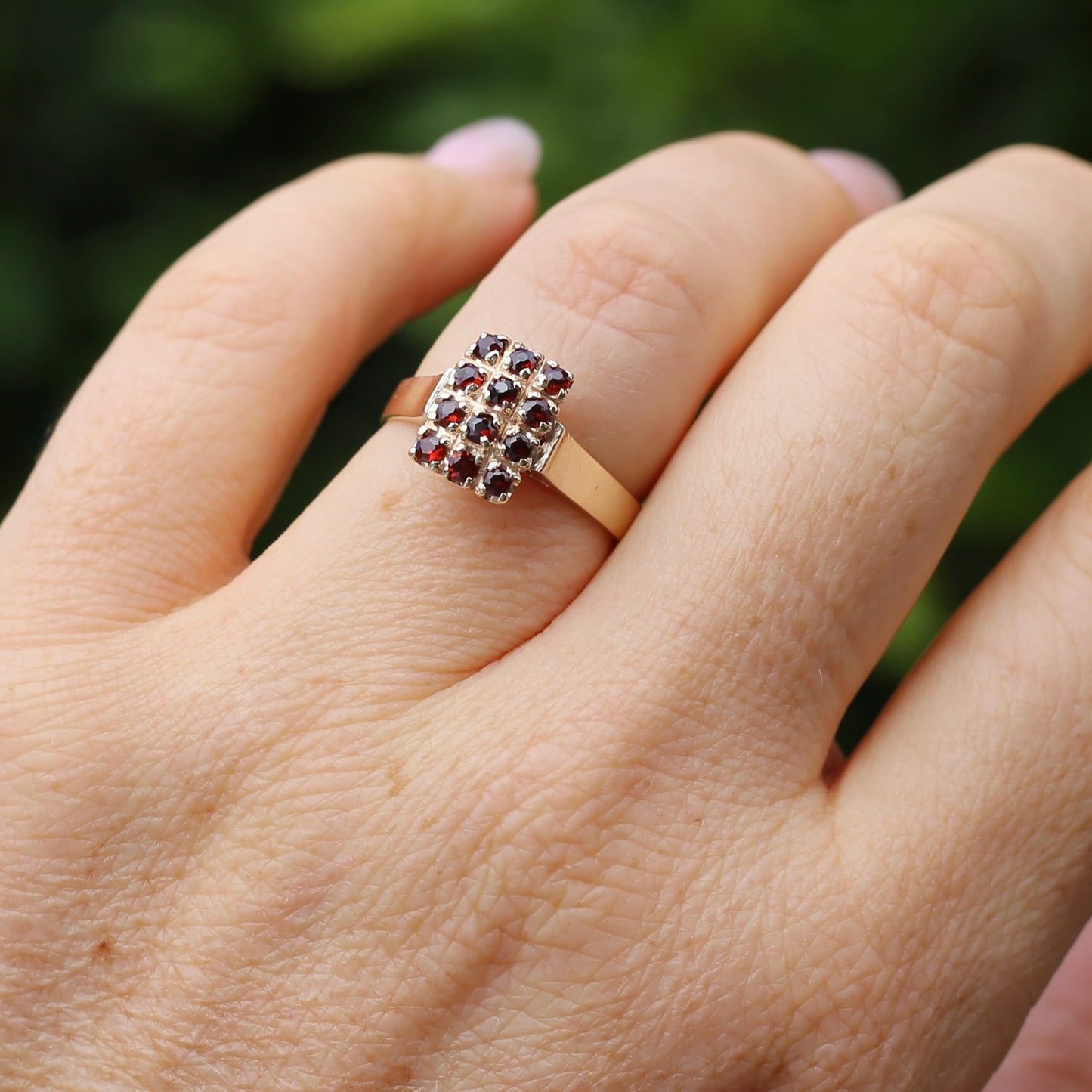 Old Cut 12 Stone Garnet Checkerboard Ring, size P or 7.75