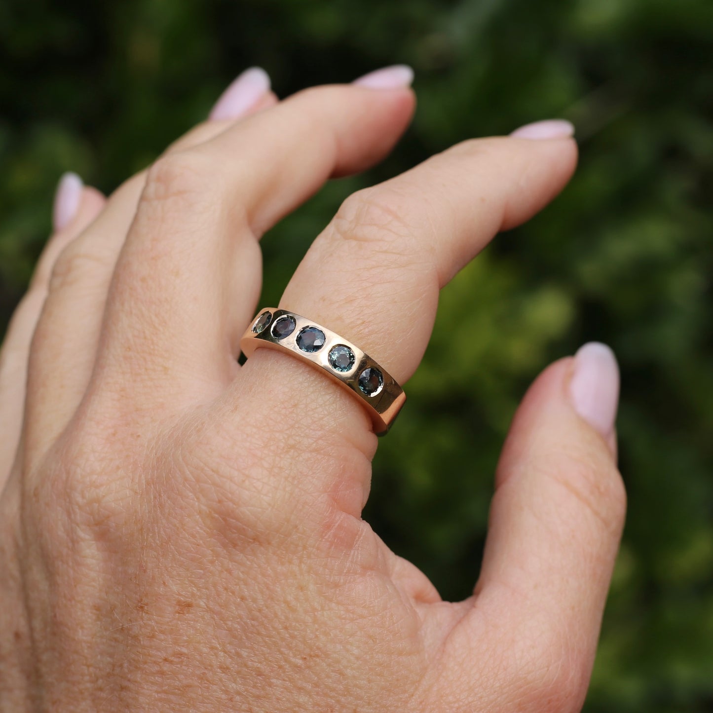 Custom Reclaimed Gold Chunky 9ct Rings with 4mm Parti Sapphires