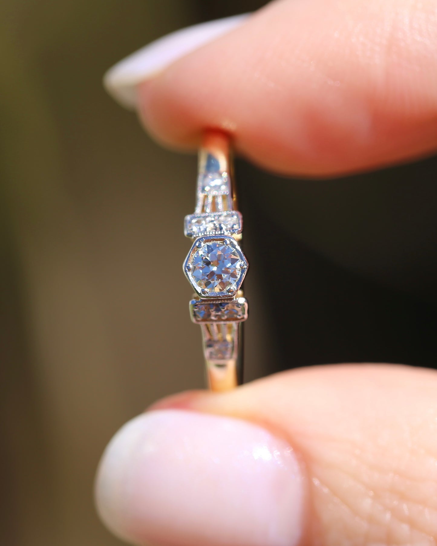 Hexagonal Grain Semi Modern Cut Diamond and Single Cut Diamond Shoulders Ring, 18ct White and Yellow Gold, size P1/2 or 8, 2.58g, with valuation