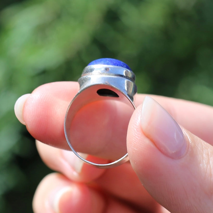 Large Lapis Cabochon in Silver Bezel Setting, size P1/2 or just under 8