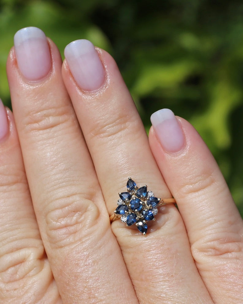 Vintage Blue Sapphire and Diamond Cluster Ring, 9ct Yellow Gold, size N or 6.75, 2.34g