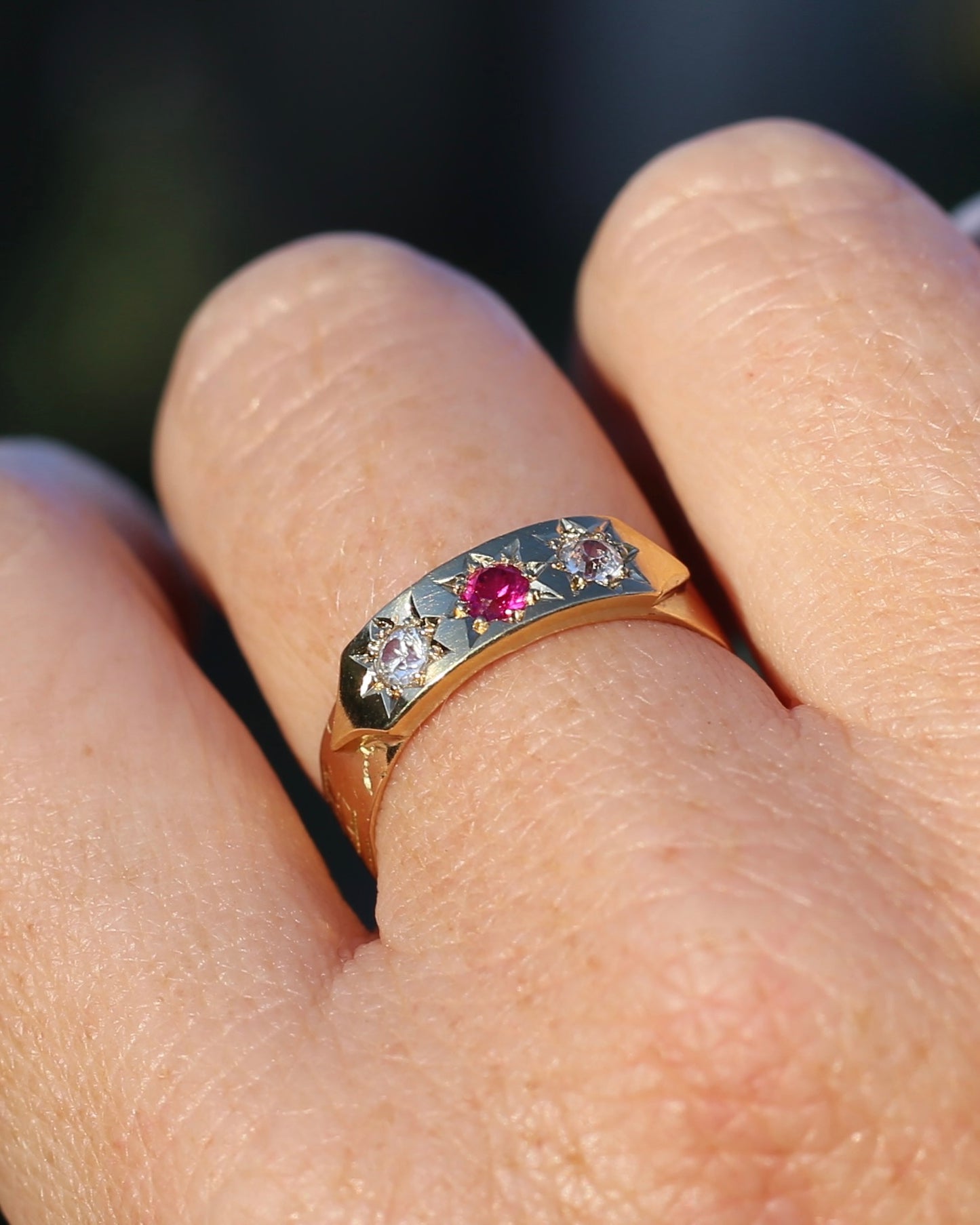 1873 15ct Band with 18ct Trilogy Old Cut Star Set Addition, 15 & 18ct Gold, size R1/2 or 8.75 (fits slightly smaller)