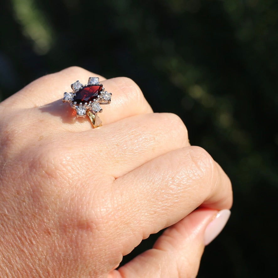 Viking feel Marquise Garnet With 6 Transitional Cut Diamonds, 18ct White and Yellow Gold, size N1/2 or 7