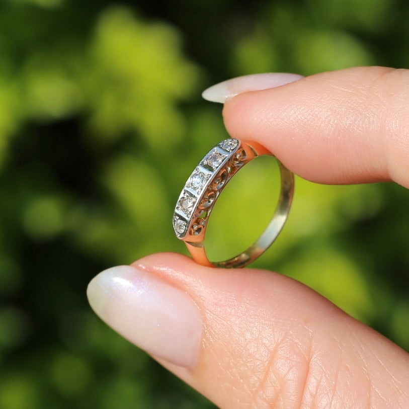 1930s Old Cut 5 Stone Diamond Ring, Platinum and 18ct Yellow Gold, size L or 5.75