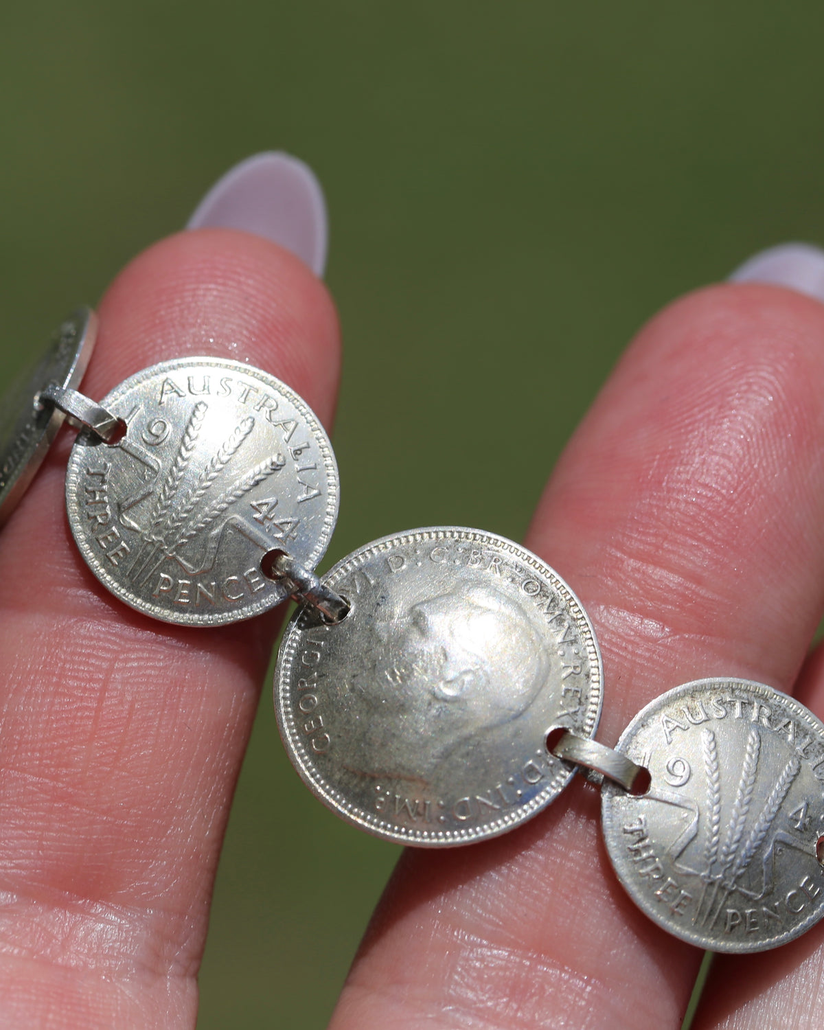 WWII Lucky Sixpence and Threepence Bracelet - coins 1938, 1942, 1943, 1944, 92.5% silver, 17.5cm or just under 7 inches, 19.83g