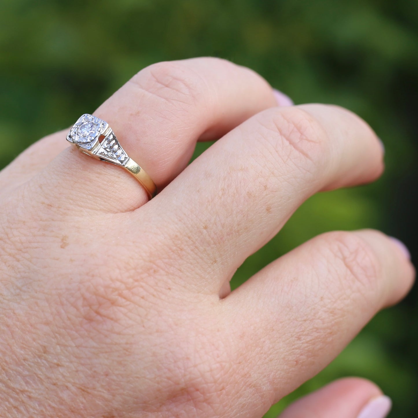 1930s Art Deco Inspired Platinum and 18ct Gold Solitaire Ring, size N or almost 6.75