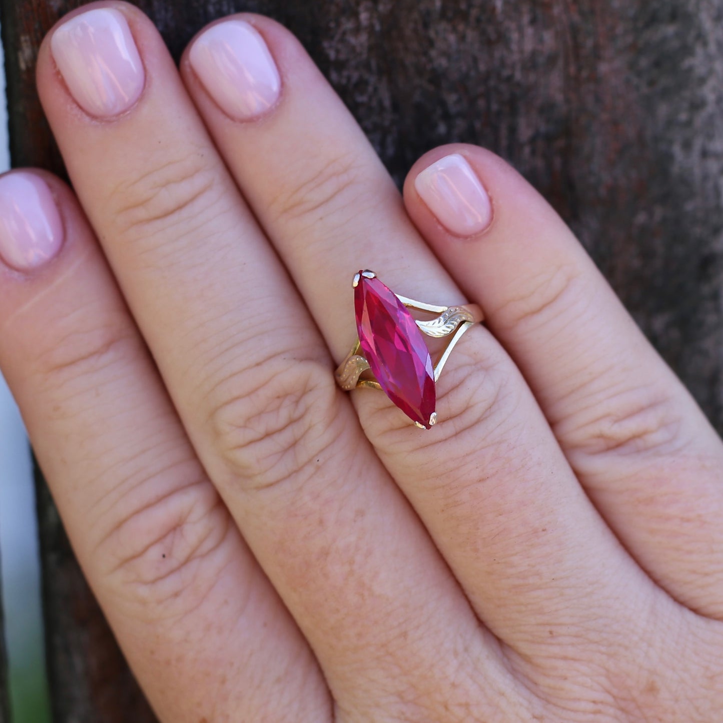 Mid Century Russian Synthetic Ruby Ring, 14ct Rosey Gold, size L1/2 or 6