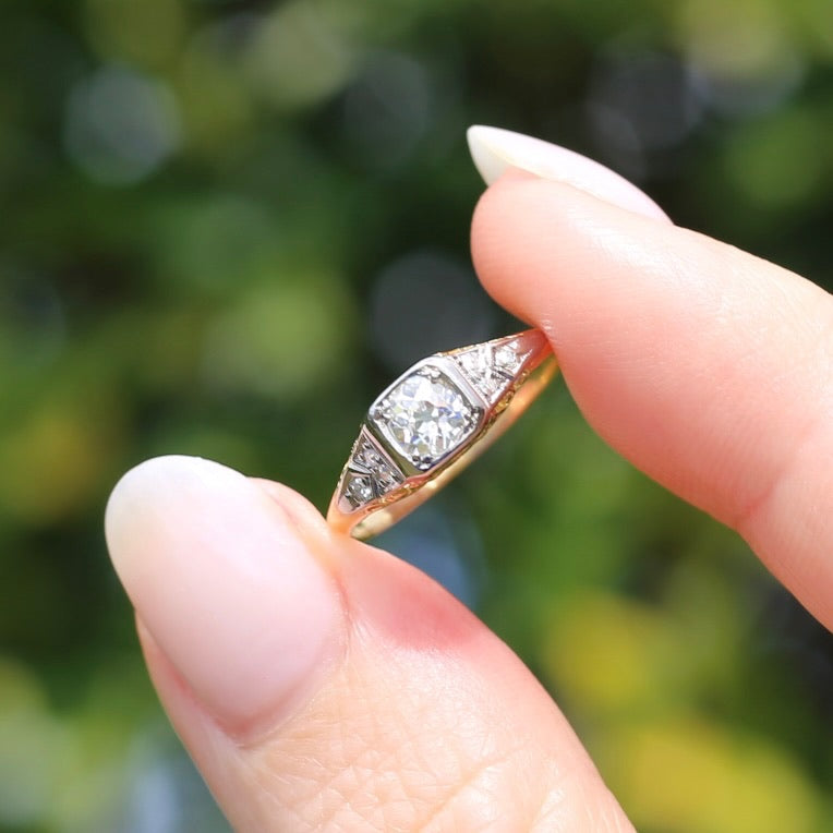 Antique Circa 1915 Old European Cut Solitaire, 18ct White and Yellow Gold, size M1/2 or 6.5