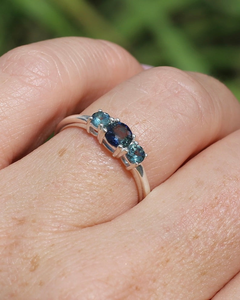 0.85ct Natural Parti Sapphire Trilogy Ring, Sterling Silver, size Q or 8.25, 1.98g