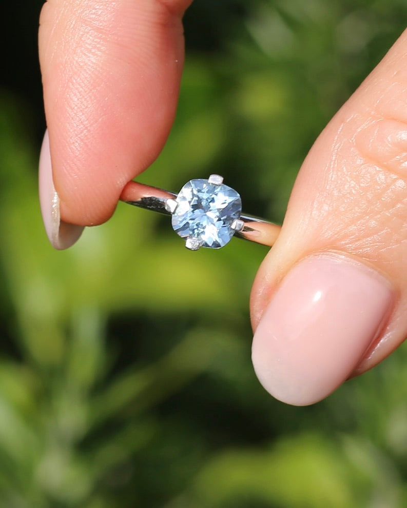 1ct Natural Aquamarine Cushion Cut Ring, Silver, size M1/2 or 6.5, 2.63g