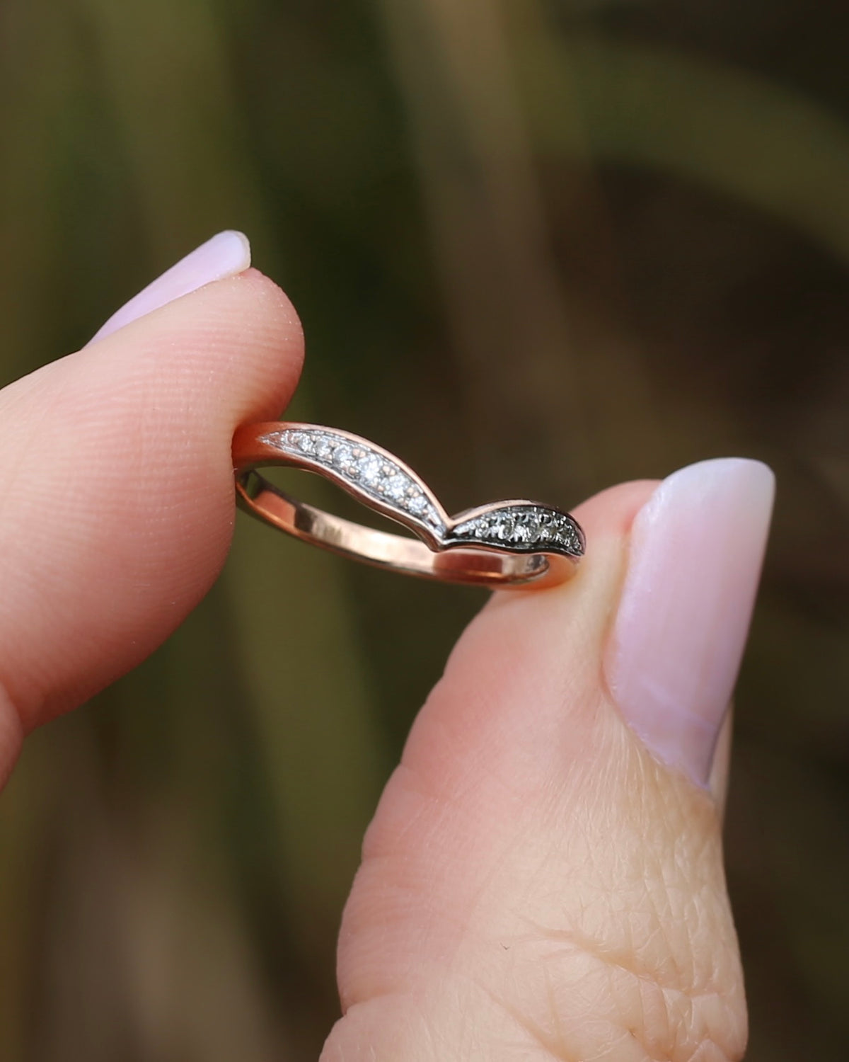 Bead Set Natural Diamond Wishbone Ring, 9ct Rose Gold, size J or 4.75, 1.7g
