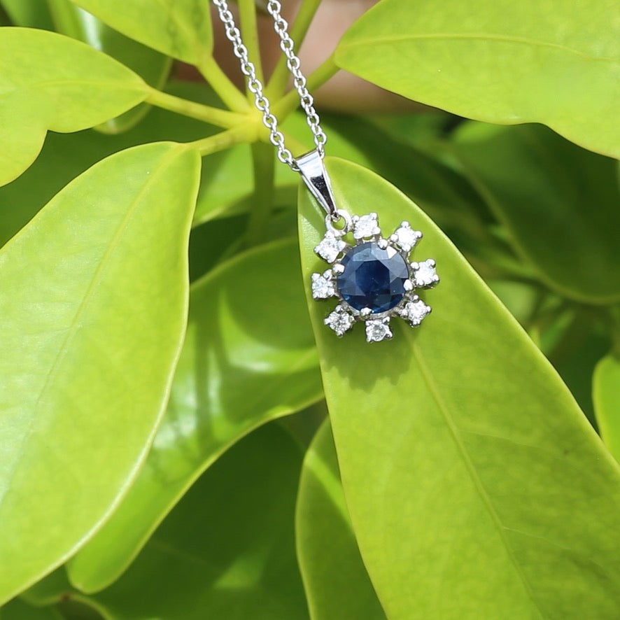 1.15ct Sapphire and Diamond Pendant, 14ct White Gold, with 9ct White Gold Chain