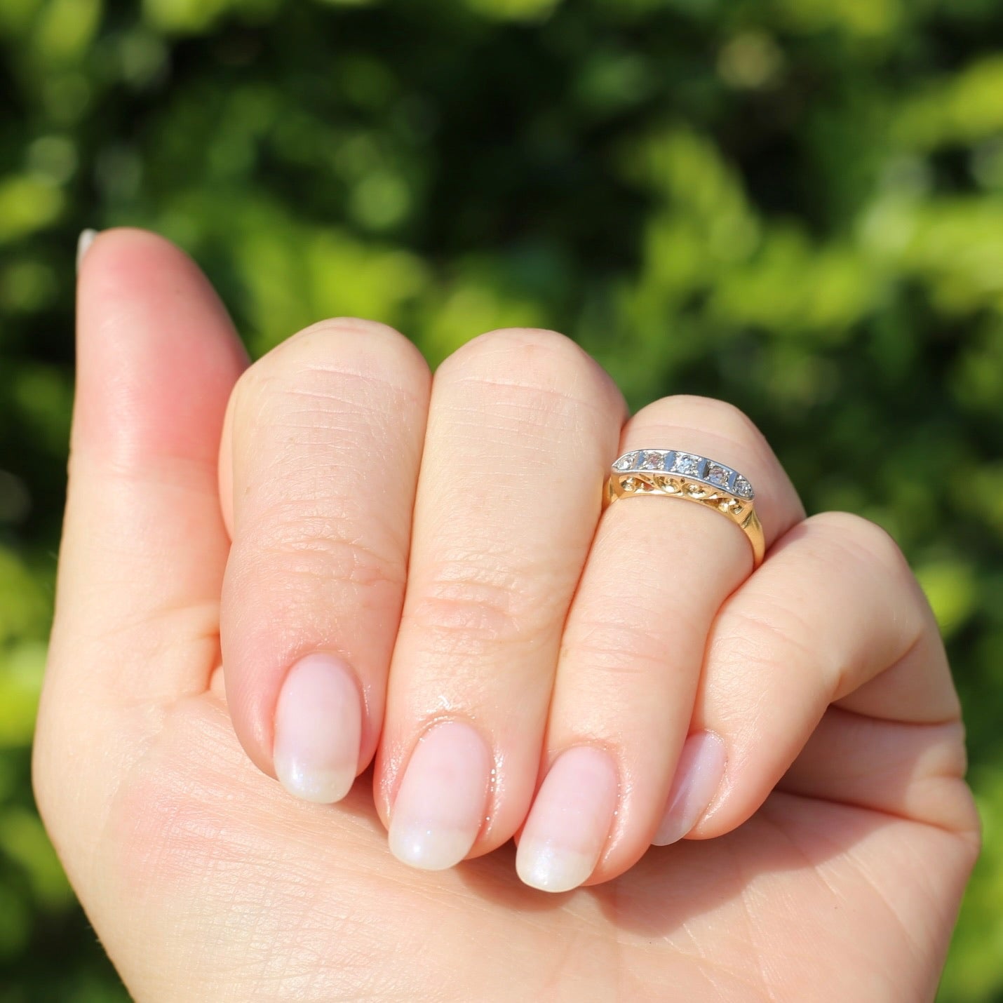 1930s Old Cut 5 Stone Diamond Ring, Platinum and 18ct Yellow Gold, size L or 5.75