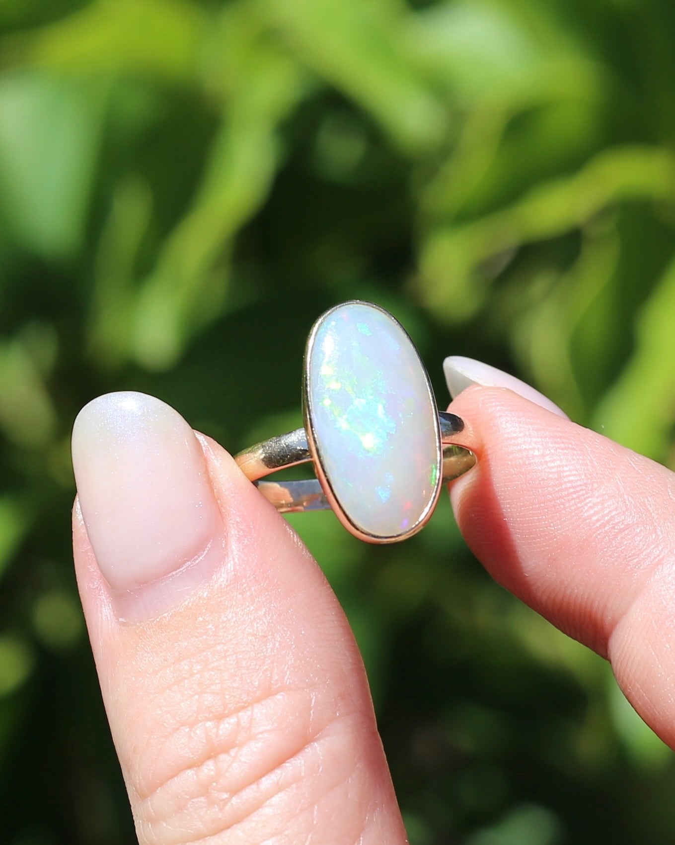 Crystal Opal Cabochon, Low Profile, in Bezel Set 9ct Yellow Gold, size T1/2 or 9.75