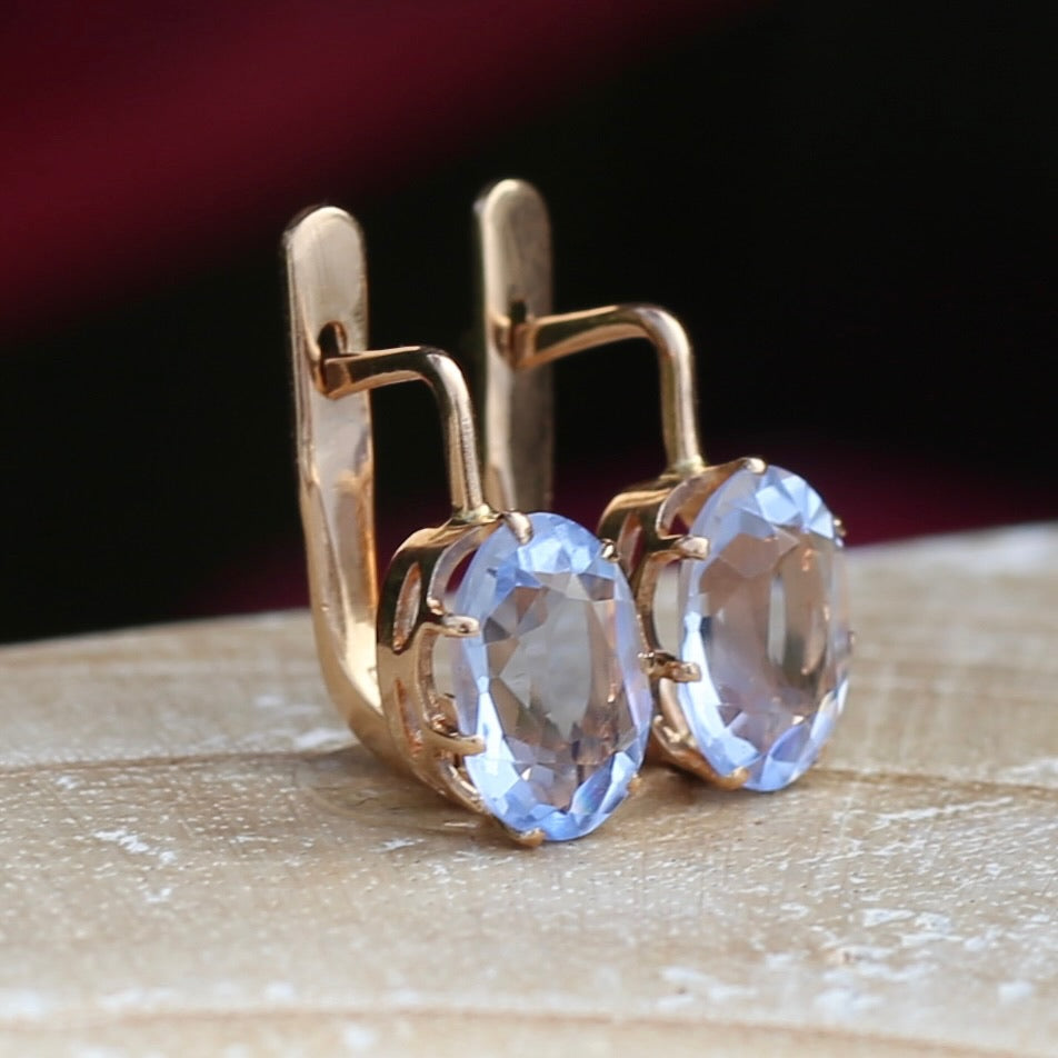 Vintage Russian Pale Lilac Blue Spinel Earrings with Lever Backs, 14ct Rosey Gold, 3.03g