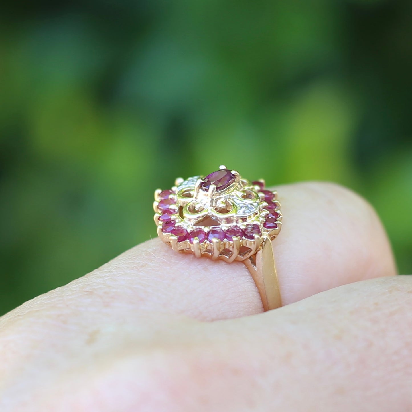 Ruby and Diamond Filigree 14ct Yellow Gold Ring, size M or just under 6.5