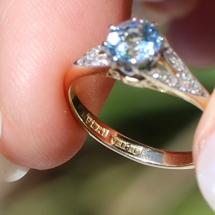 Pristine Early Australian 1930s Dunklings Blue Zircon & Diamond RIng, size L or just over 5.5