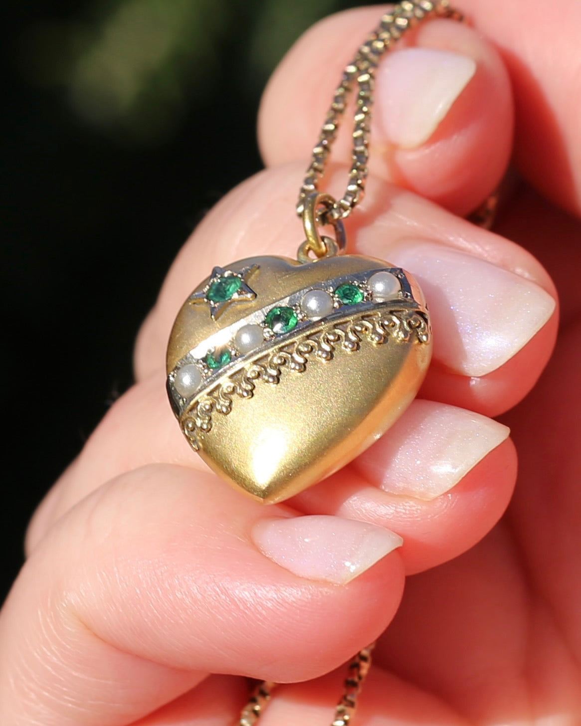 Early Australian Aronson & Co Puffy Heart set Pendant with Pearl and Green Gems, 9ct Yellow Gold, 2.59g