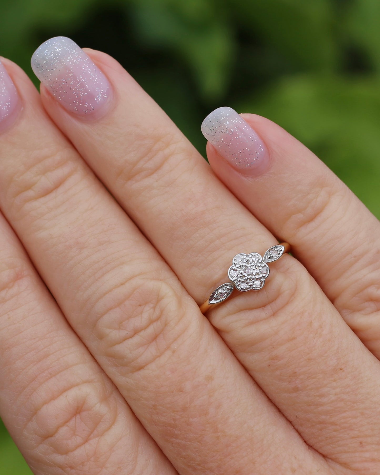 Circa 1930s Single Cut Daisy Cluster, 18ct Yellow Gold and Platinum, size M1/2 or 6.5, 2.2g