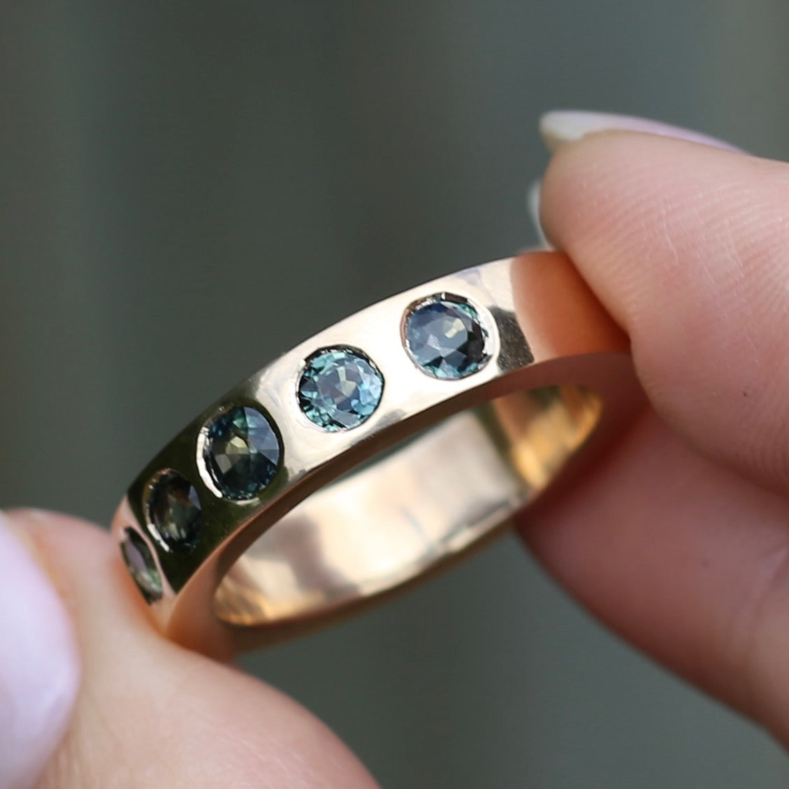 Custom Reclaimed Gold Chunky 9ct Rings with 4mm Parti Sapphires