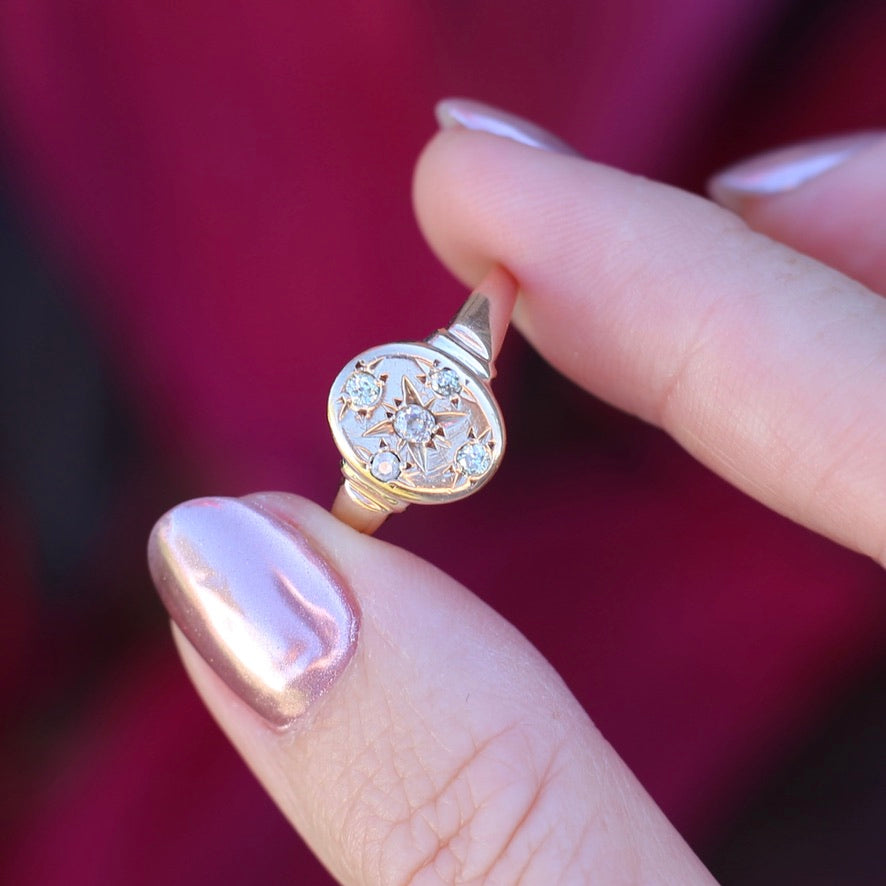 Early Australian Joseph Lawrence Signet Ring, Star Set with 5 Old Cut Diamonds, size T or 9.5