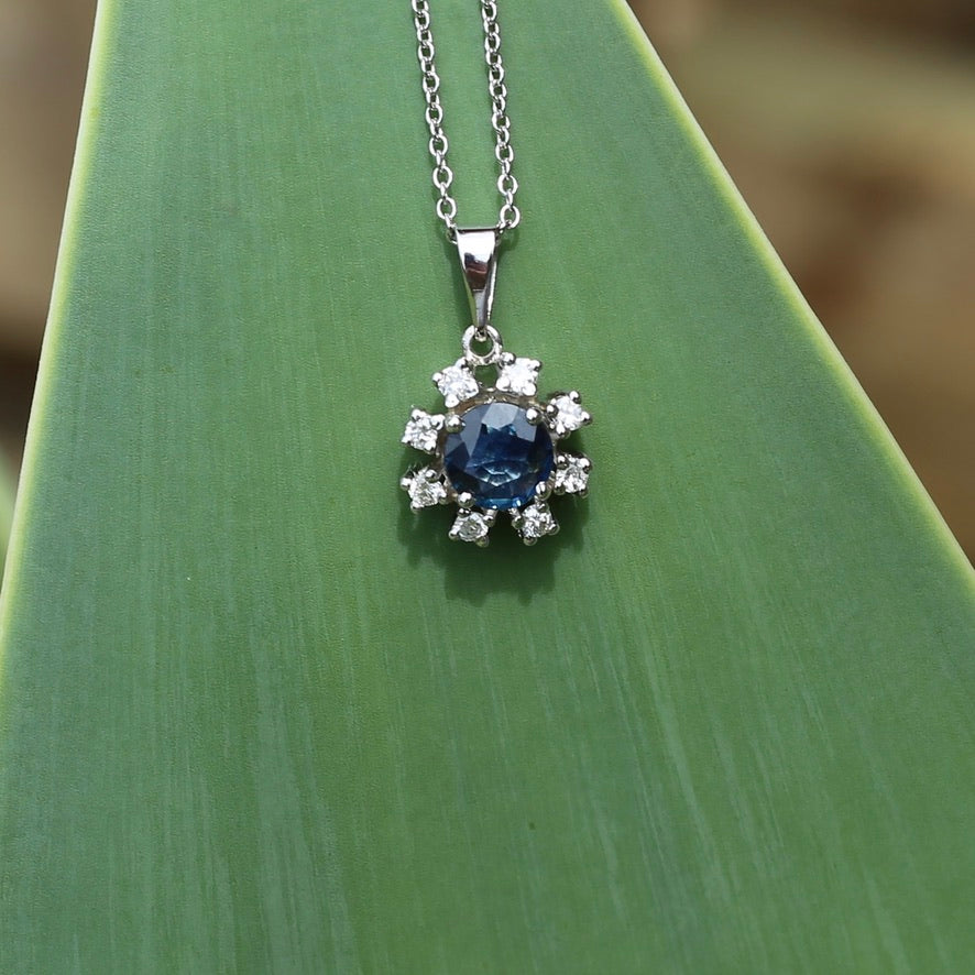 1.15ct Sapphire and Diamond Pendant, 14ct White Gold, with 9ct White Gold Chain