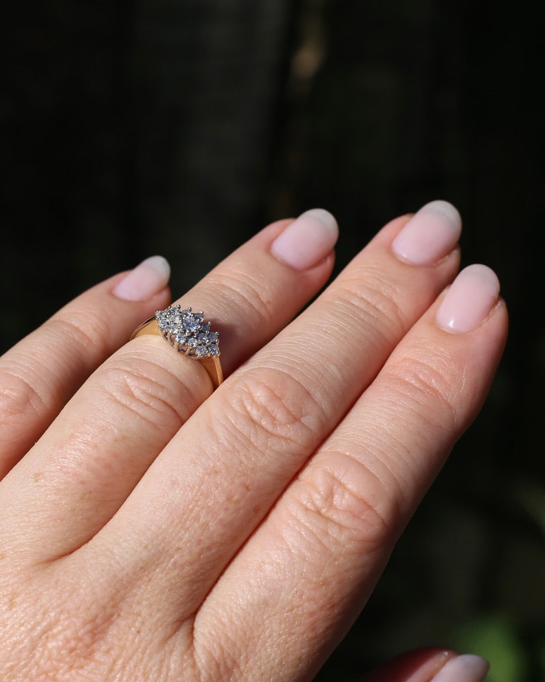 1991 London Made Diamond Cluster Ring, 9ct Yellow and White Gold, size J or 4.75, 2.2g