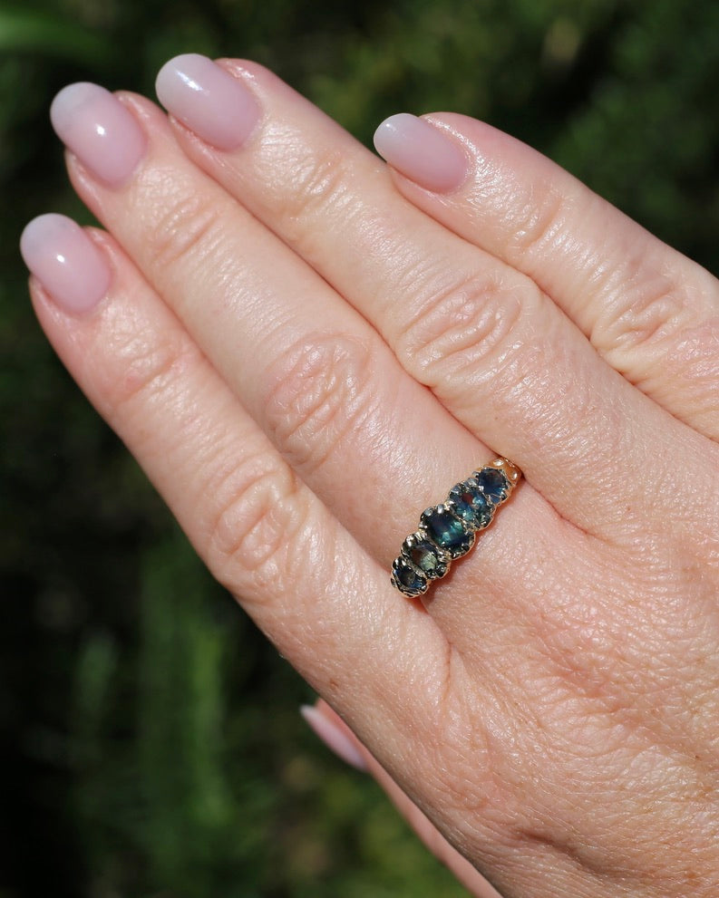 2.08ct Parti Sapphire Five Stone Ring,London Made 1989 9ct yellow Gold, size P1/2 or 8, 3.07g