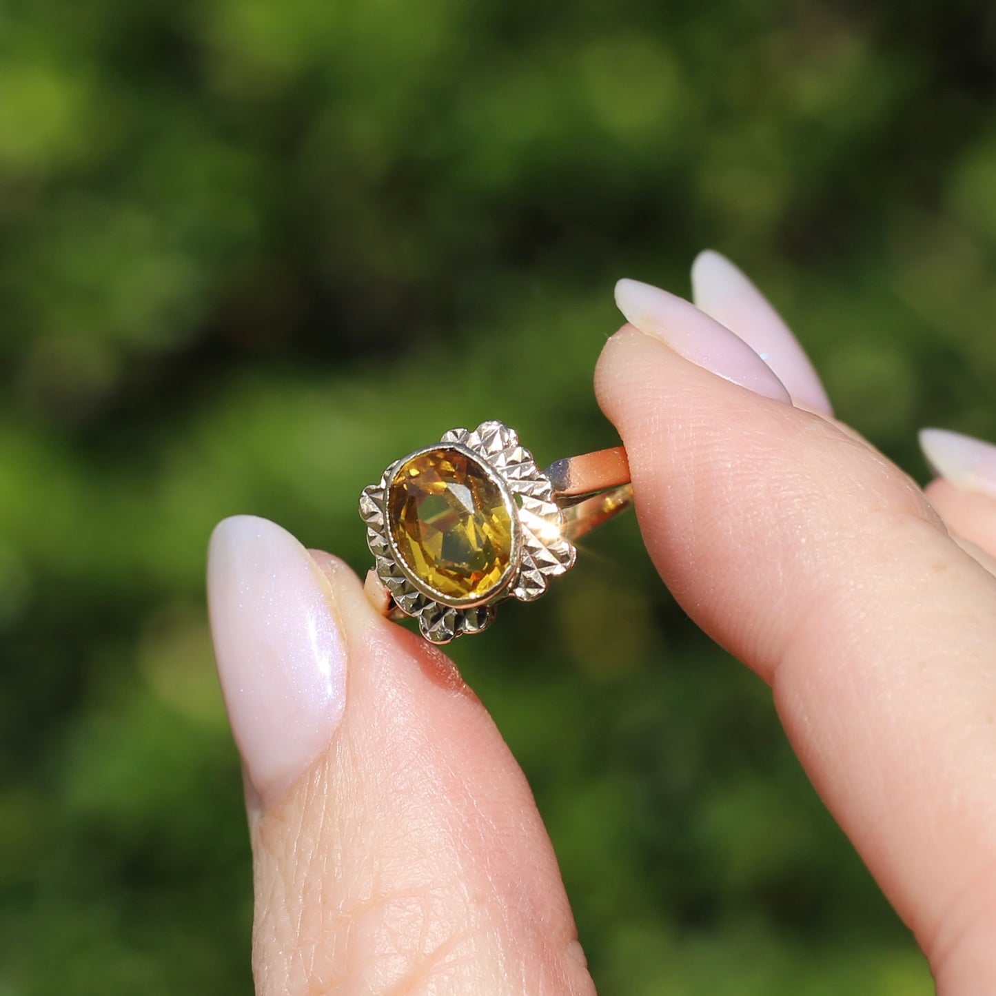 1994 Yellow Sapphire With Detailed Edges, 9ct Yellow Rosey Gold, size P or 7.5