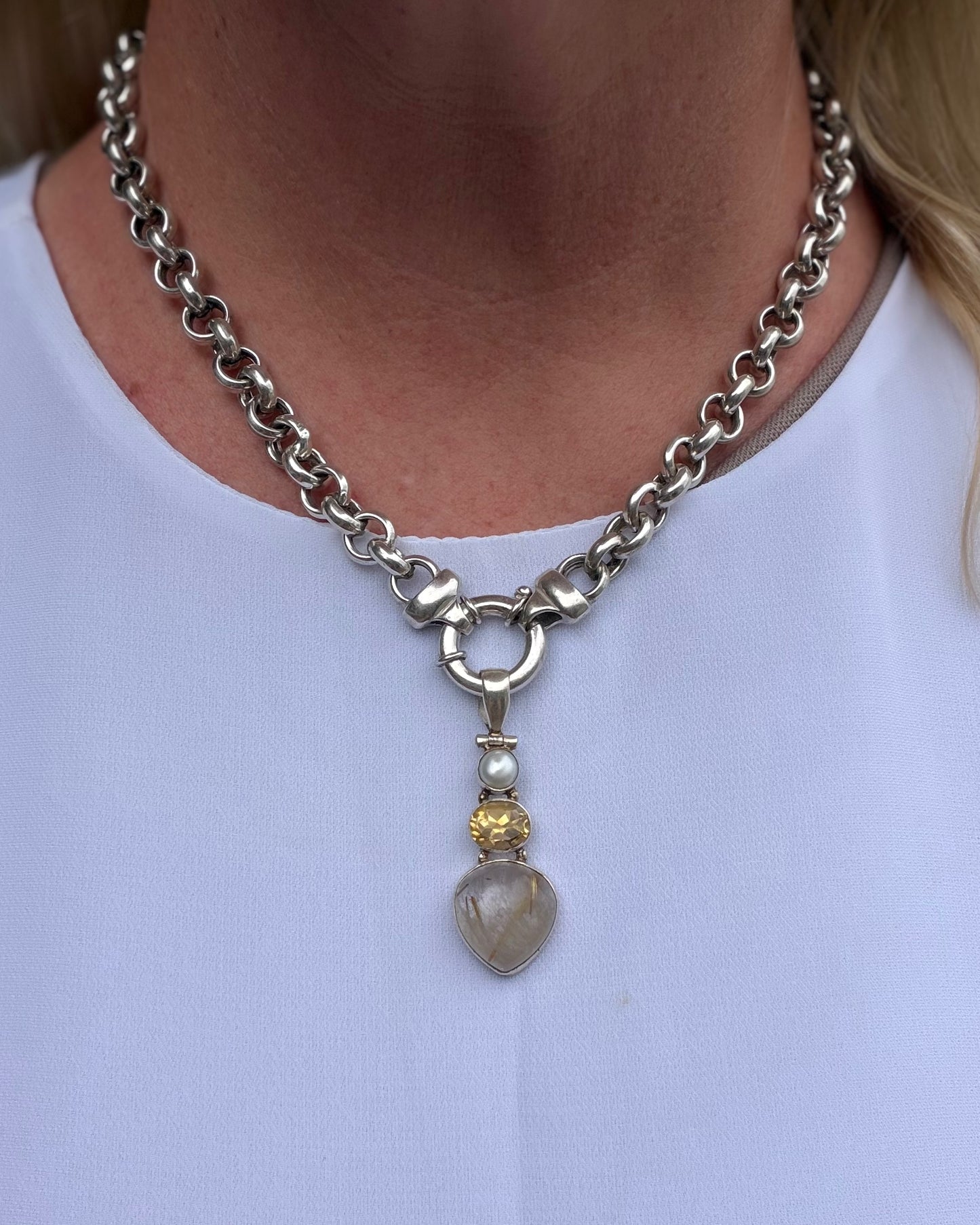 Freshwater Pearl, Citrine and Rutilated Quartz Cabochon Pendant, Sterling Silver, 6.0g