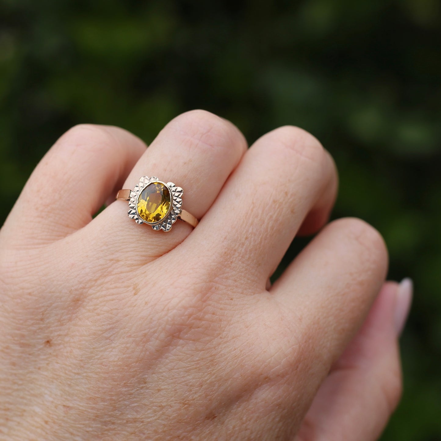 1994 Yellow Sapphire With Detailed Edges, 9ct Yellow Rosey Gold, size P or 7.5