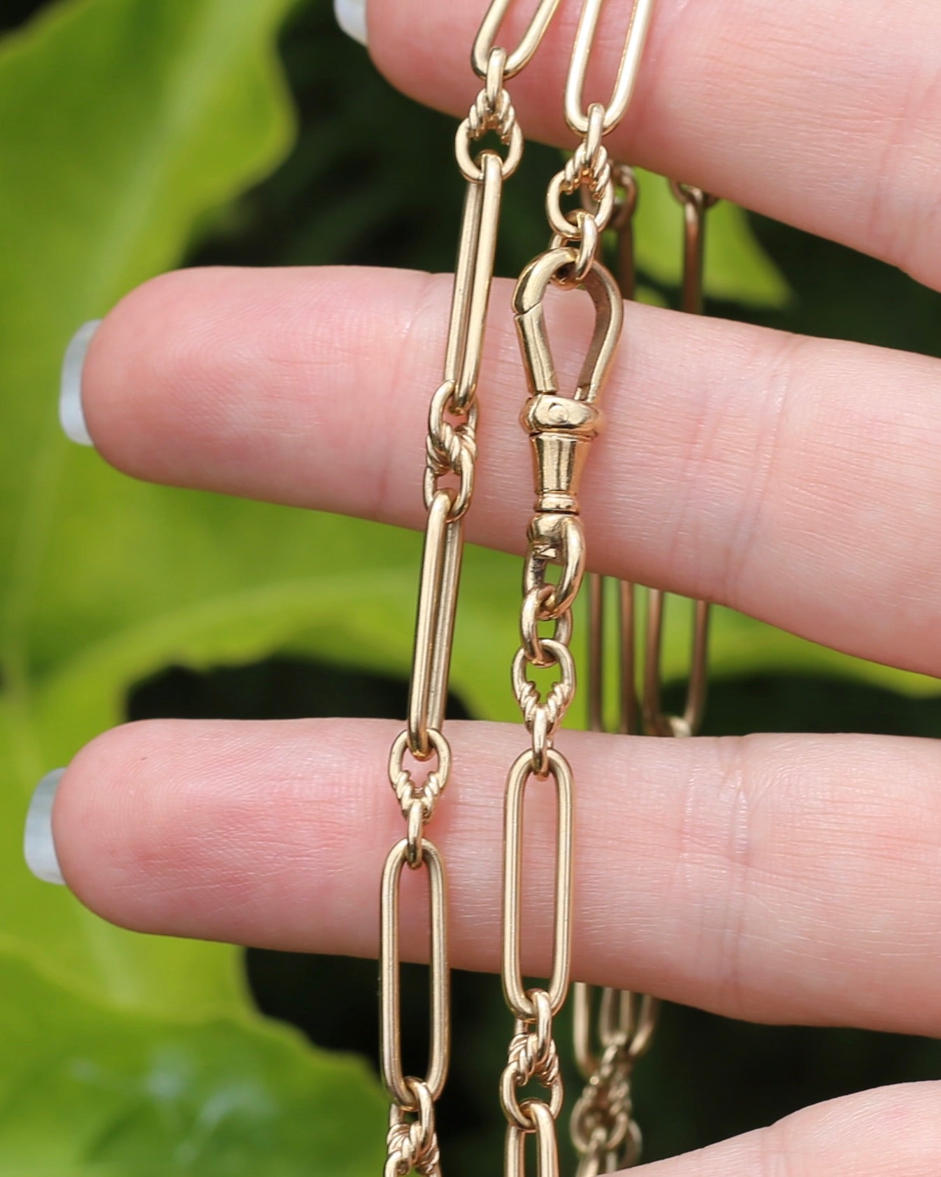 Vintique Trombone and Love Link Chain Single Albert Clasp, 9ct Gold, 51cm or 20 inches, 22.5g