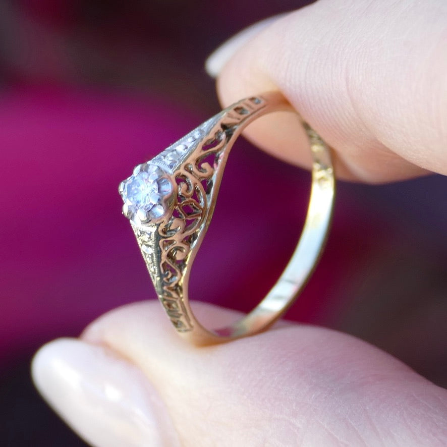 Hand Carved 1930s Filigree Mixed Metal Diamond Solitaire, 9ct White and Yellow Gold, size M1/2 or just under 6.5