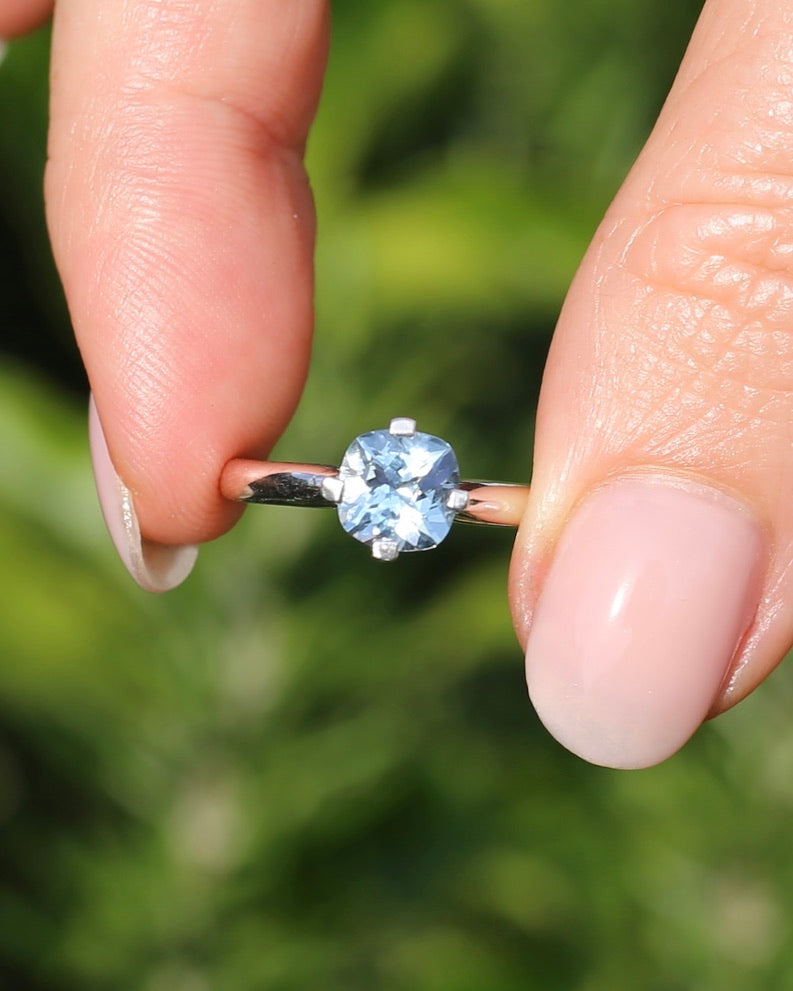 1ct Natural Aquamarine Cushion Cut Ring, Silver, size M1/2 or 6.5, 2.63g