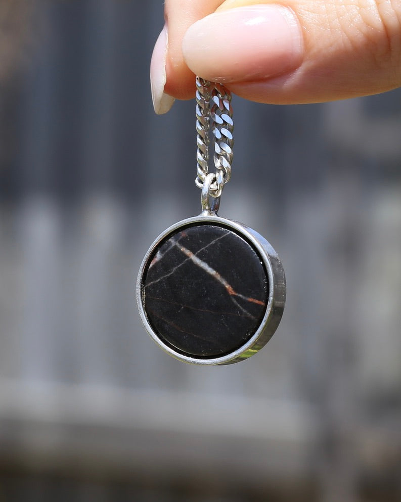 Vintage Chunky Black Agate and Silver Pendant, 13.2g