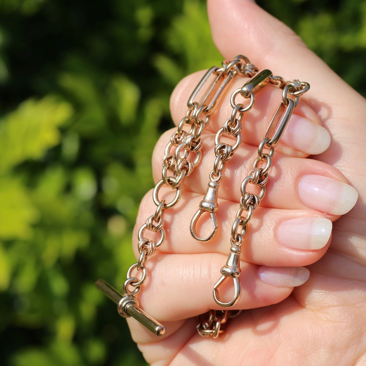 Antique - likely Victorian - Fancy Link 9ct Rosey Gold Double Watch Chain with Fob, 21inches, 41.25g